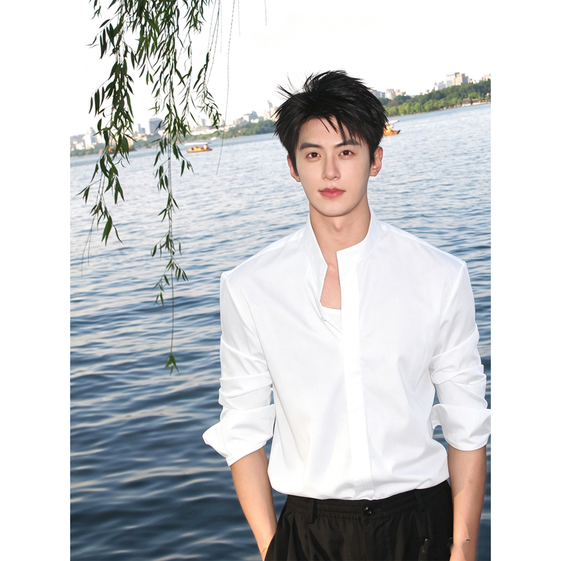 Men's Slim Fit Stand Collar Long Sleeve Shirt, New Chinese Style Engagement Attire, Business Commuter Ice Silk Cool Shirt