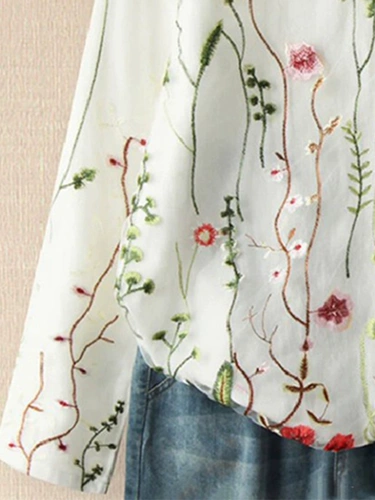 Модная рубашка, лонгслив, с вышивкой, из хлопка и льна