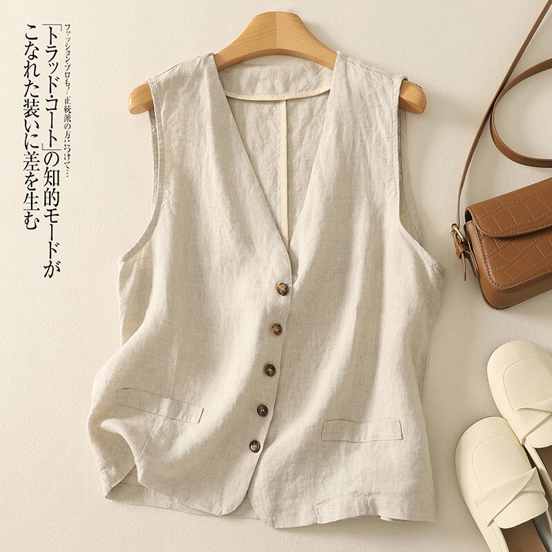 High-End Linen Vest for Women, Summer Thin Style, Cotton-Linen Casual V-Neck Sleeveless Linen Vest Jacket High-End Linen Vest for Women, Summer Thin Style, Cotton-Linen Casual V-Neck Sleeveless Linen Vest Jacket
