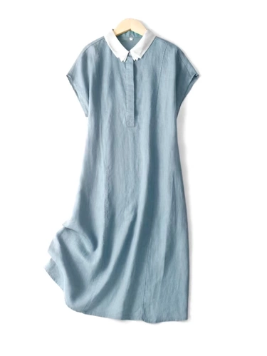 专柜剪标折扣清仓气质翻领棉麻显瘦长裙女简约纯色亚麻垂感连衣裙