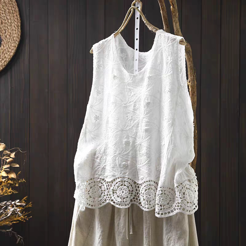 Big Brand Cut-Label Lace-Trimmed Cotton-Linen Camisole for Women, Summer Casual Versatile Age-Reducing Sleeveless T-Shirt for Outerwear