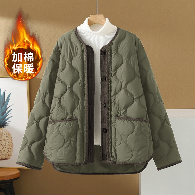 Lingge Lightweight down Cotton Jacket for Women, Short Style, Super Stylish for Winter, Collarless, Korean Style, Loose Fit, Padded, Warm Cotton Coat
