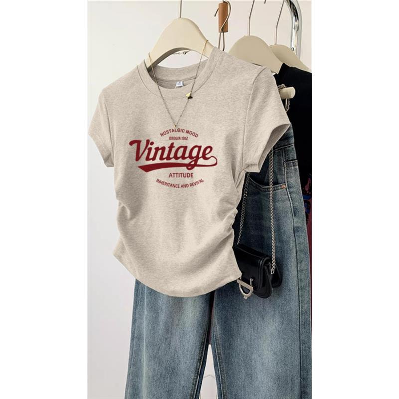Summer Dopamine Outfit: Women's Summer Short-Sleeved T-Shirt with Shoulder Print, Irregular Curved Hem, Slim-Fit Short Top Summer Dopamine Outfit: Women's Summer Short-Sleeved T-Shirt with Shoulder Print, Irregular Curved Hem, Slim-Fit Short Top