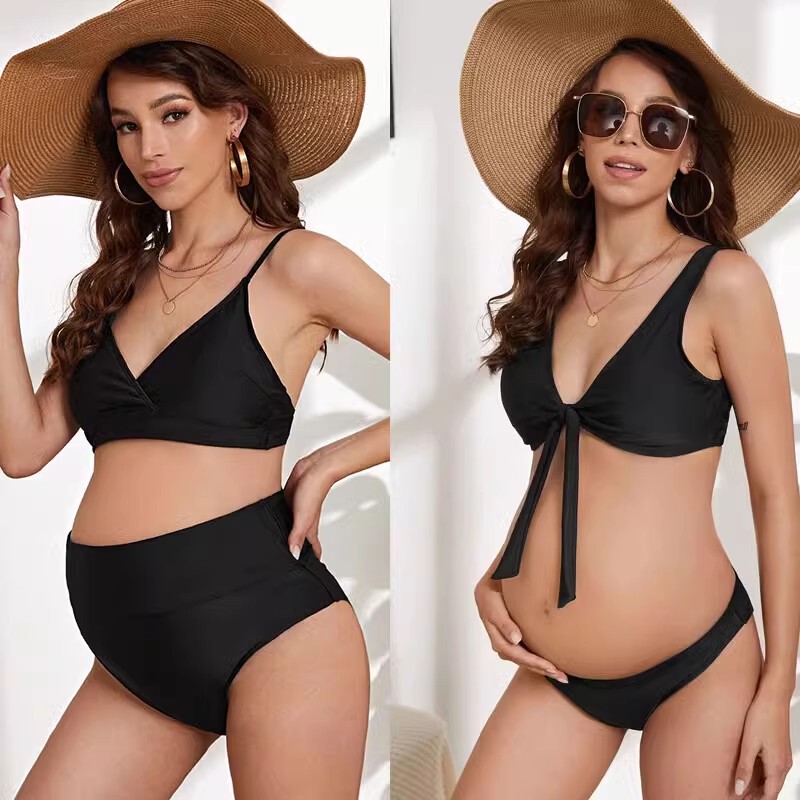 Maternity Low-Waist Swim Trunks Bikini Two-Piece Swimsuit High-End Sexy Swimwear for Late Pregnancy with Exposed Belly