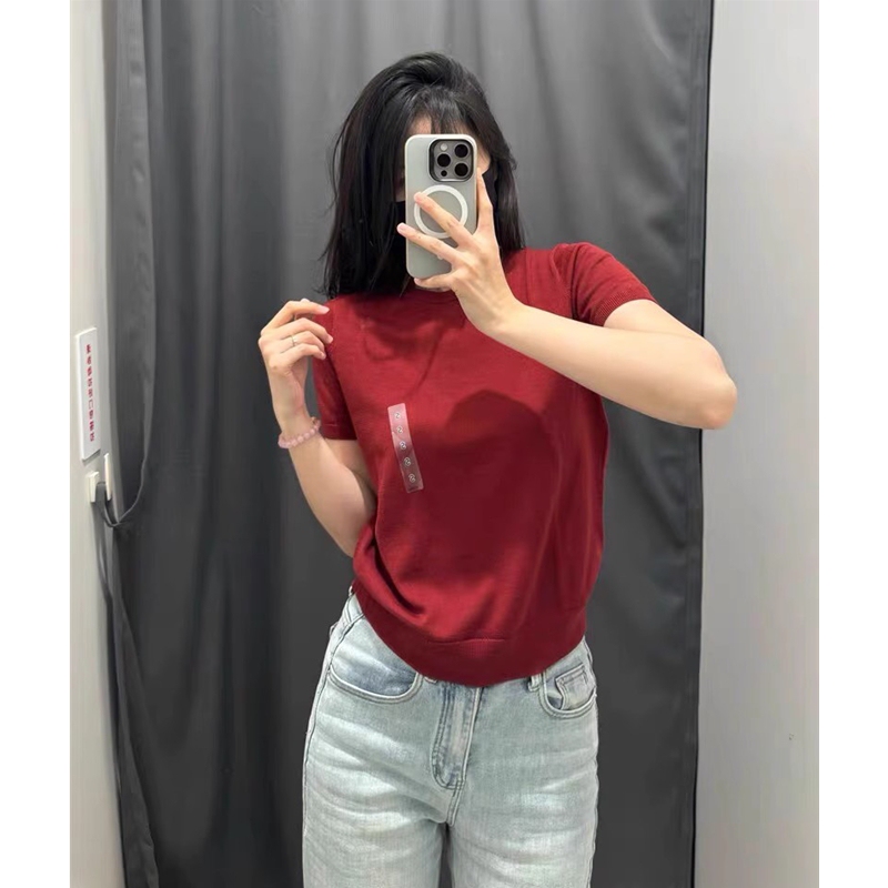 Spring and Summer New Women's Fine-Spun Merino Modal Round Neck Knitwear Short-Sleeved Top 478335 483007
