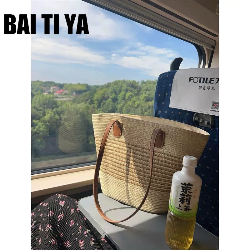 Bai Ti Ya Large Capacity Women's Woven Tote Bag for 2025, Suitable for Commuting and Beach Use