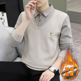 Men's velvet thickened fake two-piece autumn and winter warm sweater knitted sweater dad's bottoming shirt shirt long sleeves