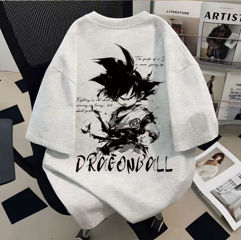 Dragon Ball Goku Print Heavyweight Retro American Style Crew Neck Versatile Short-Sleeve Loose Summer Trendy Pure Cotton T-Shirt for Men
