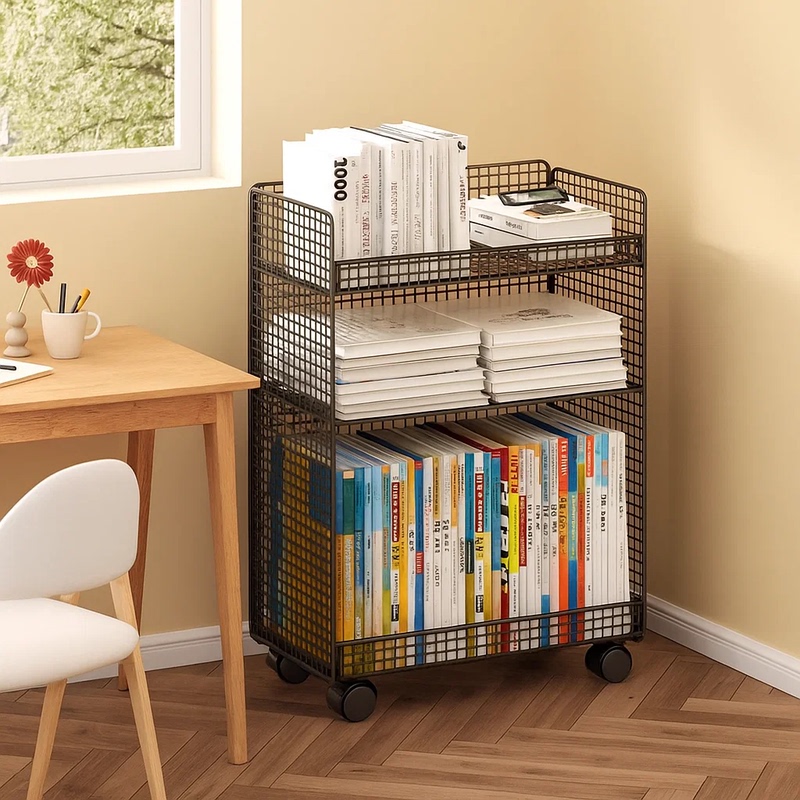 Small Bookshelf Next to the Desk, Movable Under-Desk Storage Rack, Small Trolley, Floor-Standing Student Book Bag Storage Rack, Bookcase