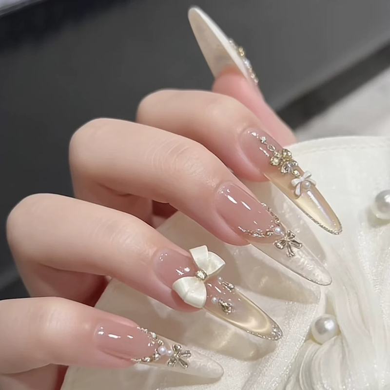 New Style Pure Handmade Wearable Nail Art with Bowknot, Rhinestones, Mother-Of-Pearl, French Style, Detachable Fake Nail Patches, Finished Wedding Nails