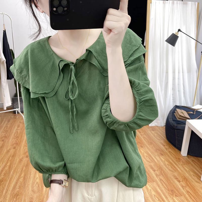 Lotus Leaf Collar Bamboo Cotton Short-Sleeved Shirt for Women Summer Thin Loose Top with Western Design Lantern Sleeve Doll Shirt