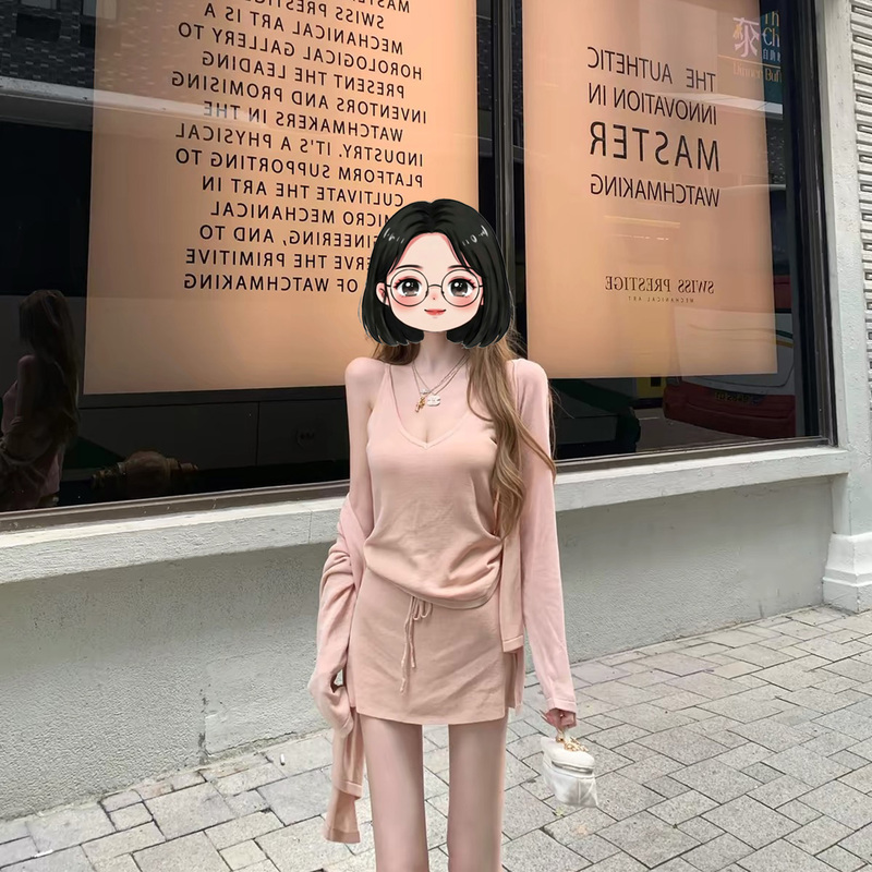 Autumn Pure and Innocent Girl Ootd Relaxed Outfit Set for Women 2026 New Pink Cardigan Camisole Short Skirt Three-Piece Set
