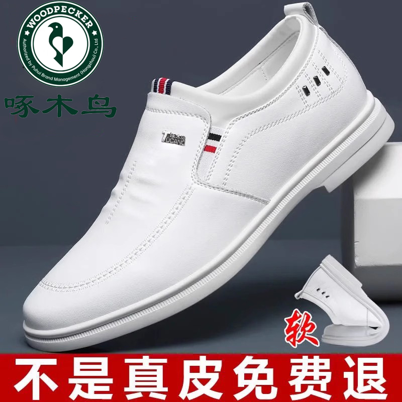 啄木鸟男鞋2025新款秋季真皮商务休闲皮鞋男款透气小白色内增高潮