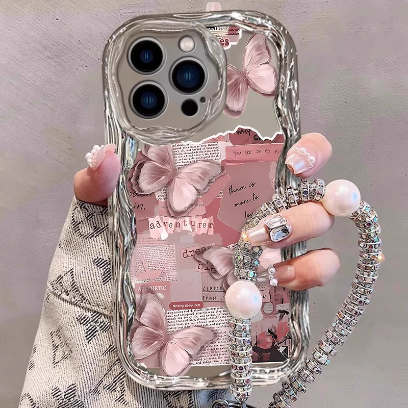 Suitable for Apple 17 Pro Max Phone Case, 16 Pink Butterfly, iPhone 15 Protective Case, 14 Pm with Bracelet, 13 New Model for Women, 12 Full Coverage Anti-Drop, 11 Electroplated High-End Feel, Plus Personalized Fashion