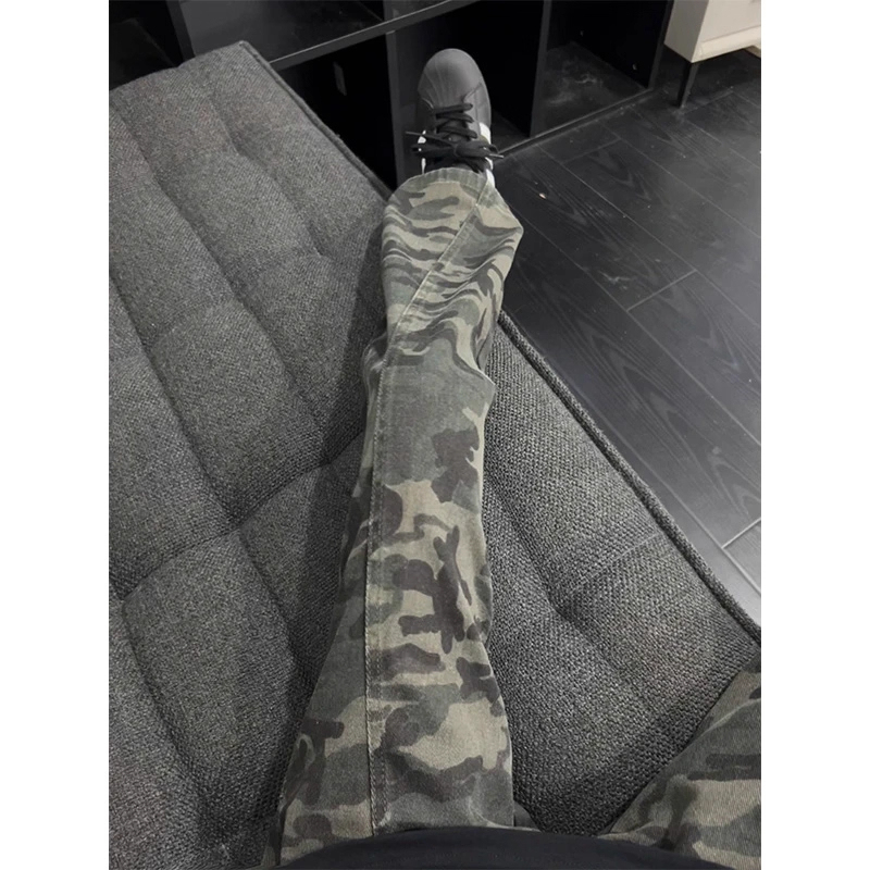 American Retro Vibe Flared Curved Knife-Cut Camouflage Jeans for Men, Trendy Brand, Cool and Stylish Work Pants, Slimming Straight-Leg Pants