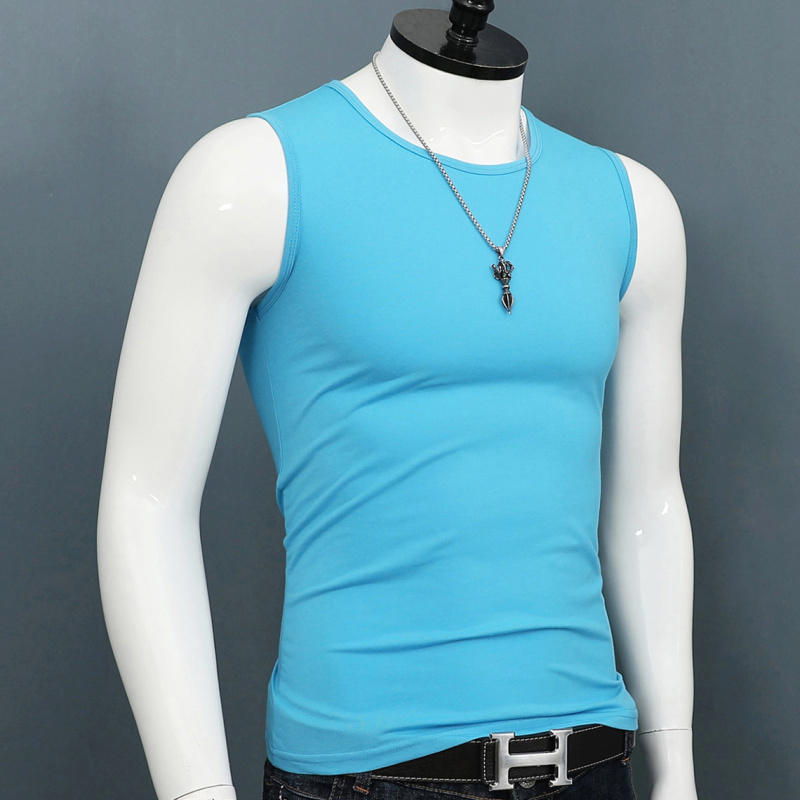 Light Luxury Pure Cotton Men's Round Neck Sleeveless Vest Men's Waistcoat Wide Shoulder Vest Slim Trendy Brand Pure Color Top Clothes