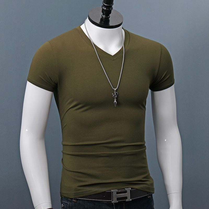 V Neck T-Shirt Men's Pure Cotton Short-Sleeved Shirt Slim Tight Muscle-Feeling Bottoming Shirt Personalized T-Shirt Sweetheart Collar Top