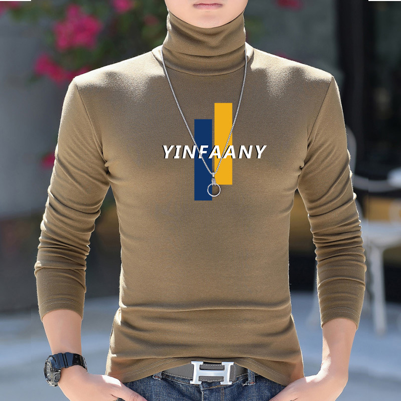 Men's Turtleneck Base Layer Shirt, Slim Fit, Pure Cotton, Autumn and Winter, Regular Thickened, Stacked Collar, Long-Sleeve T-Shirt, Men's Clothing Top
