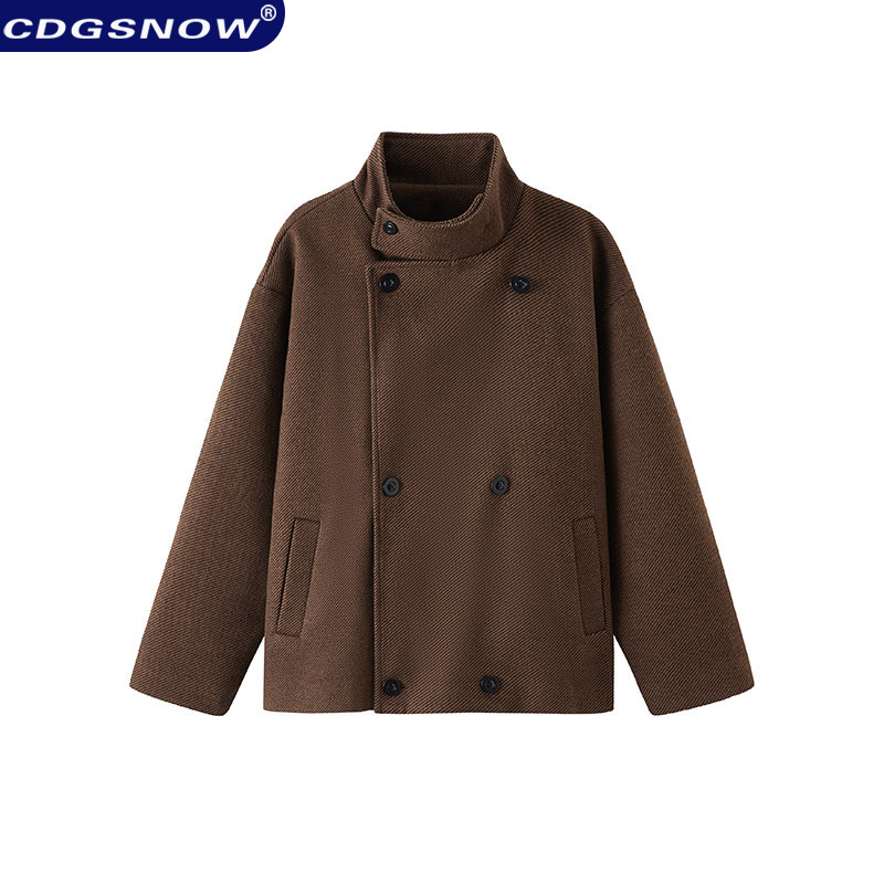 Cdgsnow American-Style Stand-Up Collar Double-Breasted Herringbone Woolen Coat for Men and Women, Loose and Versatile Thickened Winter Coat Cdgsnow American-Style Stand-Up Collar Double-Breasted Herringbone Woolen Coat for Men and Women, Loose and Versatile Thickened Winter Coat
