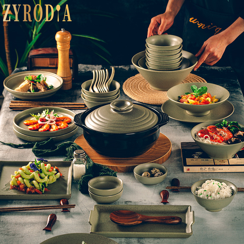 ZYRODIA Simple Retro Tableware Complete Set of Bowls and Dishes Set Ceramic Chinese Bowls Chopsticks Dinner Plate Casserole Home Gift