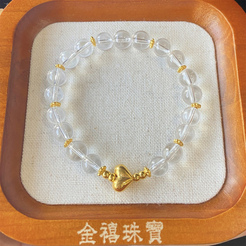 Pure Gold 999 Peach-Shaped Heart Bracelet with White Crystal Beads, Good Luck Charm, Gift for Girlfriend or Best Friend
