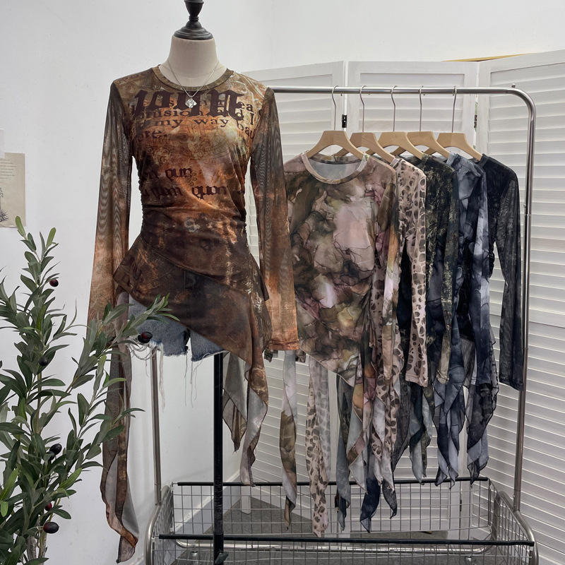 Real Shot of a Hot Girl's Long-Sleeved Base Shirt with Mesh, Gradient Print, Irregular Ruffles, Ribbon, and Pleated Top 9998