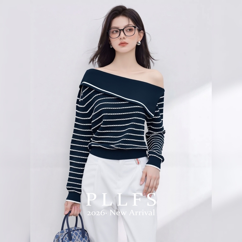 Pllfs European-Style Asymmetrical Shoulder Navy Striped Knit Sweater for Women, 2026 Autumn New Design, Casual Sweater