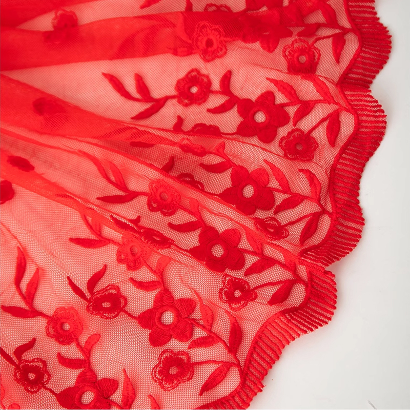 [Flash Sale] Extra Wide 42cm Red Mesh Lace Trim Fabric for Extended Skirt Hem, Pure Cotton Lace for Clothing