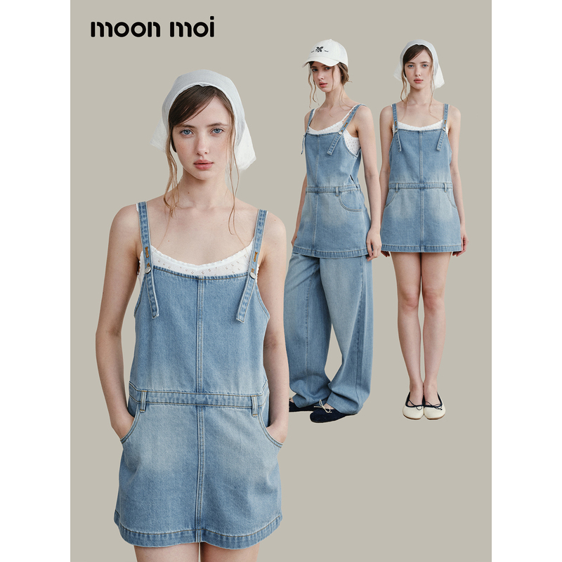Moonmoi | Sea Salt Holiday Retro Fashion High-End Washed Adjustable Denim Suspender Skirt Dress Moonmoi | Sea Salt Holiday Retro Fashion High-End Washed Adjustable Denim Suspender Skirt Dress
