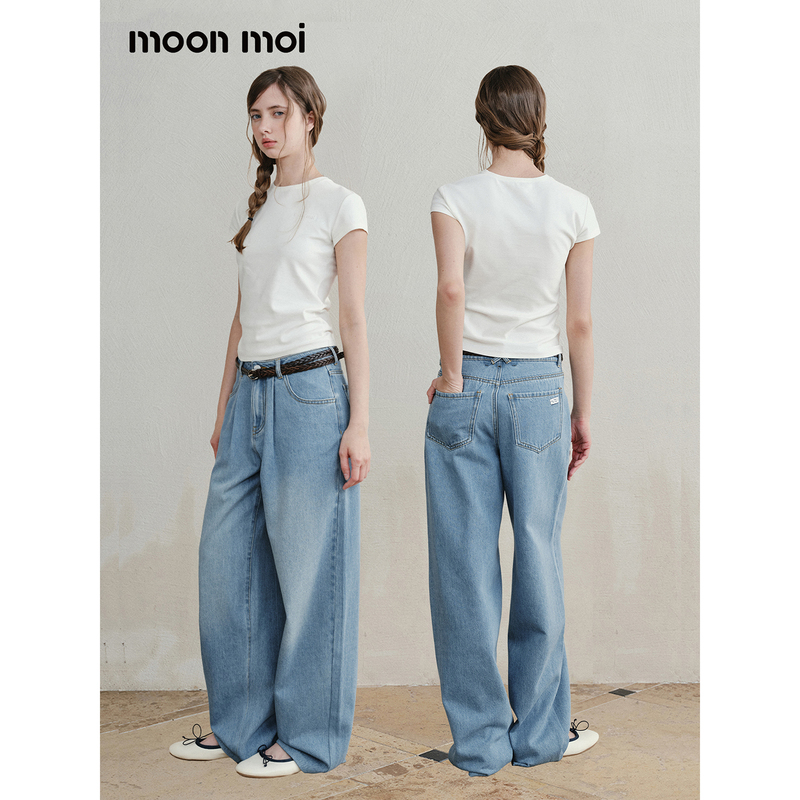 Moonmoi | Sea Salt Holiday Loose-Fitting Versatile Slightly Curved Knife-Cut Washed Wide-Leg Straight-Leg Jeans That Make Legs Look Longer Moonmoi | Sea Salt Holiday Loose-Fitting Versatile Slightly Curved Knife-Cut Washed Wide-Leg Straight-Leg Jeans That Make Legs Look Longer