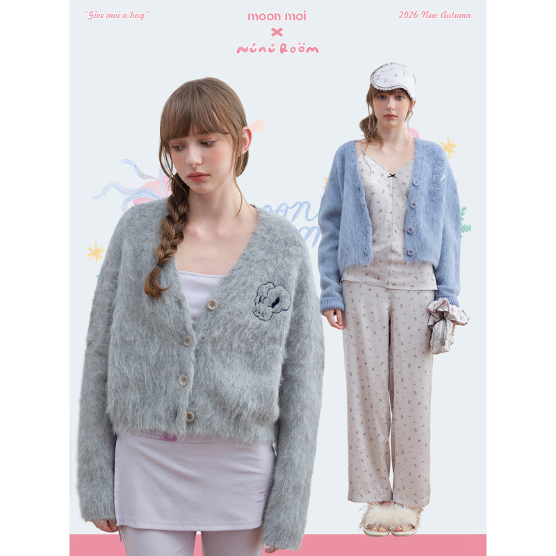 Moonmoi×Nunu Room/ Original Soft Sequence Short V-Neck Embroidered Long-Haired Bat Knit Cardigan