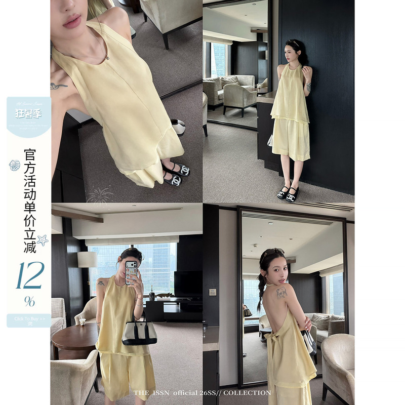 Ning Si Linen Tencel Halter Neck Backless Sleeveless Vest Wide Leg Straight Loose Casual Shorts Set