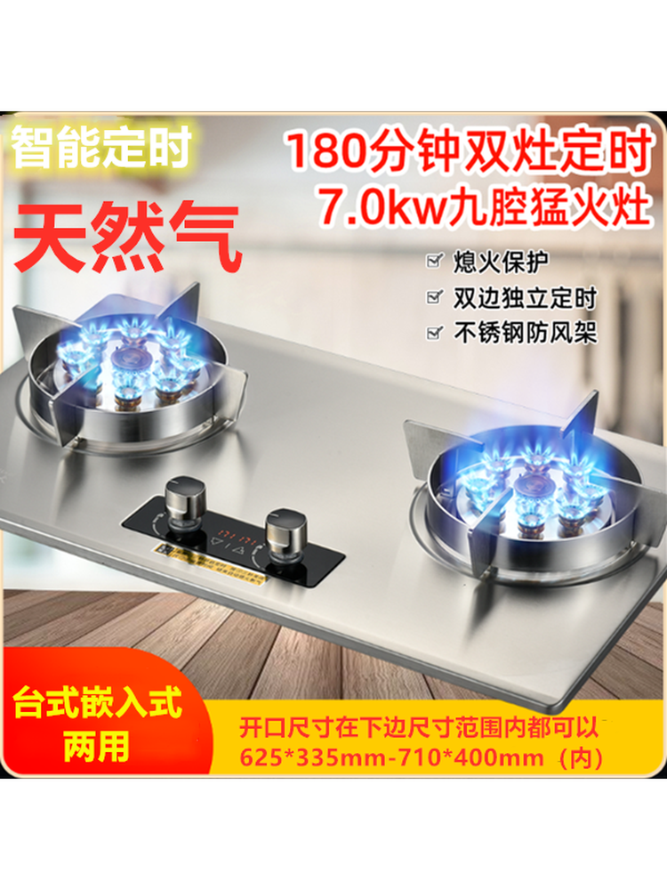 Haotaitai Gas Stove for Home Use, Dual-Burner, Natural Gas, Embedded, Energy-Saving Gas Stove, Liquefied Gas, Tabletop Gas Stove