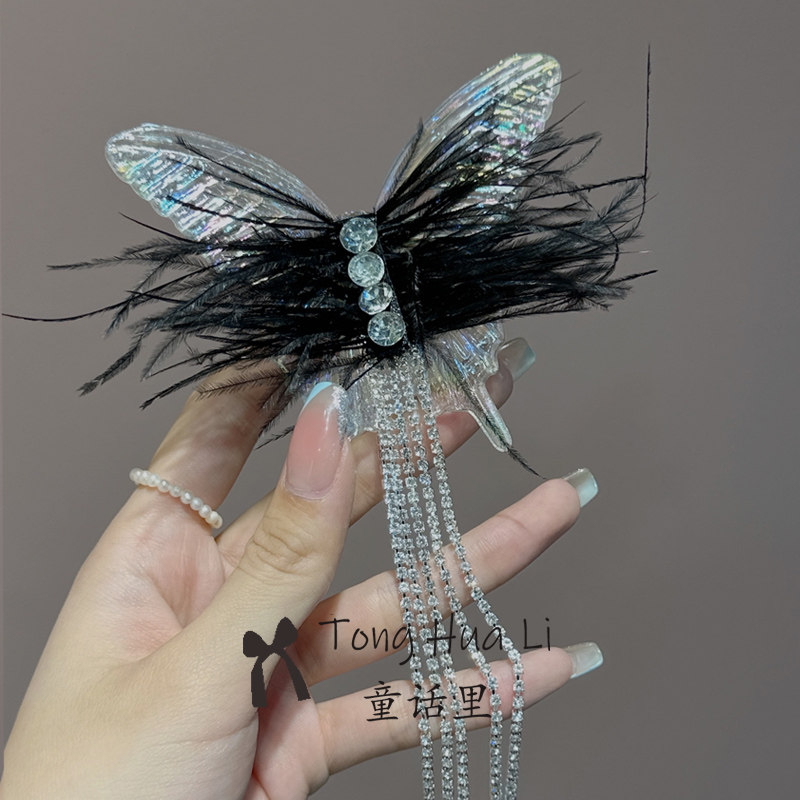 超仙羽毛水钻流苏发夹女蝴蝶结感发饰春夏粉色羽毛刘海侧边夹详情3