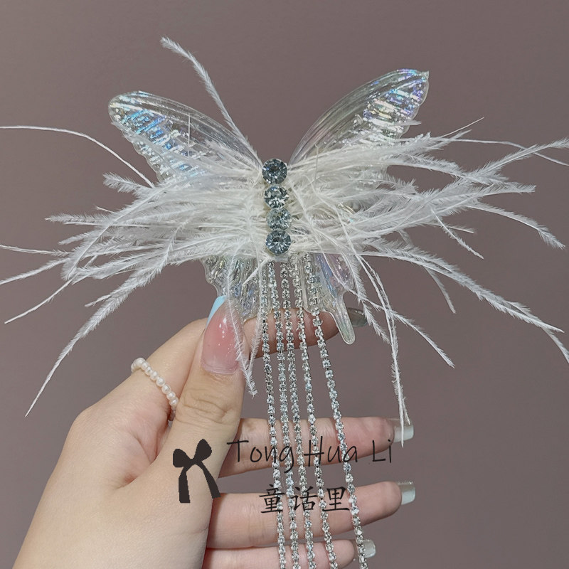 超仙羽毛水钻流苏发夹女蝴蝶结感发饰春夏粉色羽毛刘海侧边夹详情4