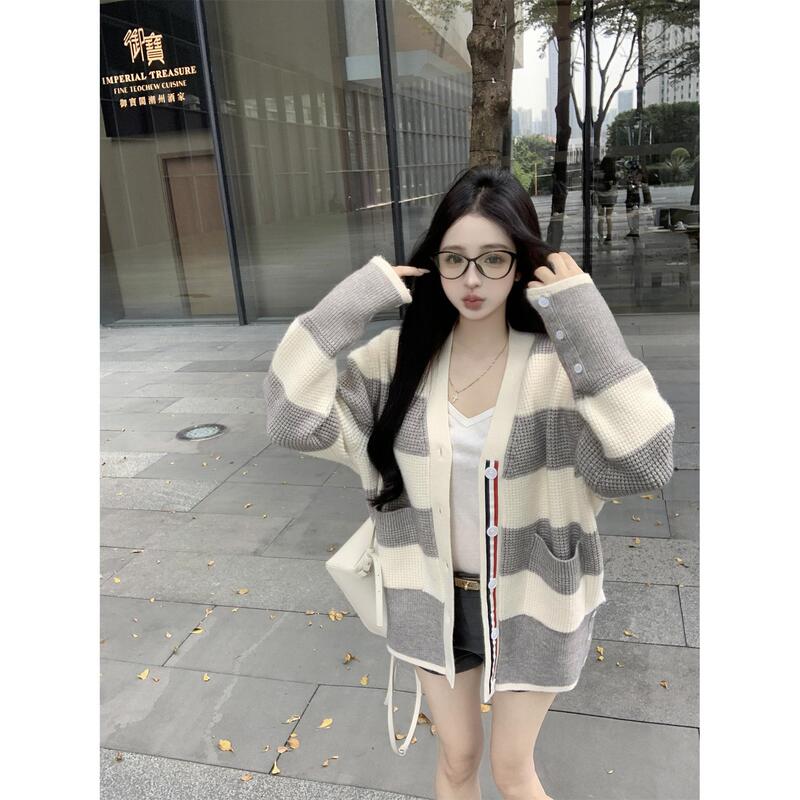 Contrast Color Striped V-Neck Sweater Cardigan Jacket for Women 2025 New Autum Style Lazy Loose Mid-Length Knitted Top