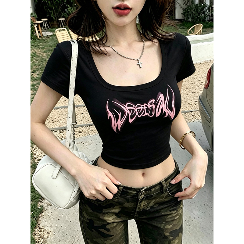 Pear-Shaped Body Is a Beauty! American-Style Graffiti Print U-Neck Short-Sleeve T-Shirt for Women, High-Waisted, Cropped, Slimming Top Pear-Shaped Body Is a Beauty! American-Style Graffiti Print U-Neck Short-Sleeve T-Shirt for Women, High-Waisted, Cropped, Slimming Top