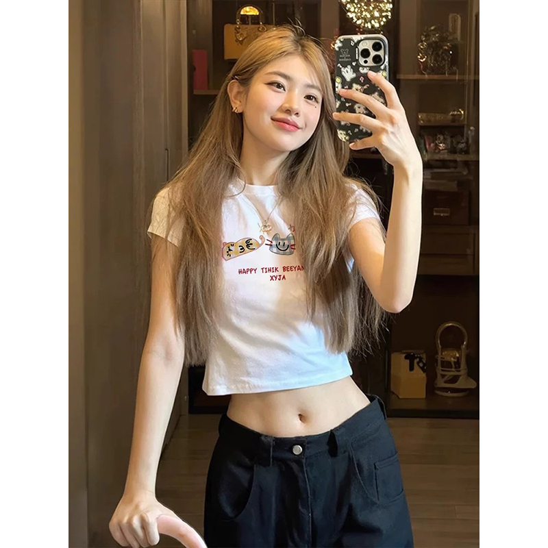 Sweet and Spicy Korean Style Kitten Print Short-Sleeved T-Shirt for Women 2026 Summer New Round Neck Crop Top