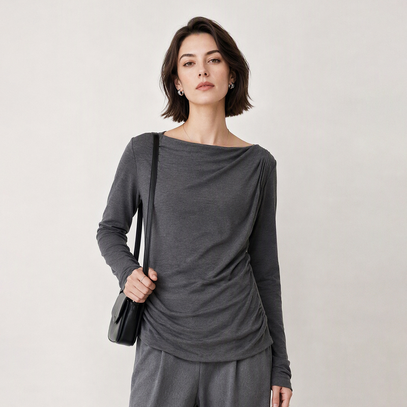 Gray Cashmere, Mulberry Silk, and Tencel Drape Collar Top for Women, Long-Sleeve T-Shirt, Casual Style, Irregular Base Layer for Early Autumn Gray Cashmere, Mulberry Silk, and Tencel Drape Collar Top for Women, Long-Sleeve T-Shirt, Casual Style, Irregular Base Layer for Early Autumn