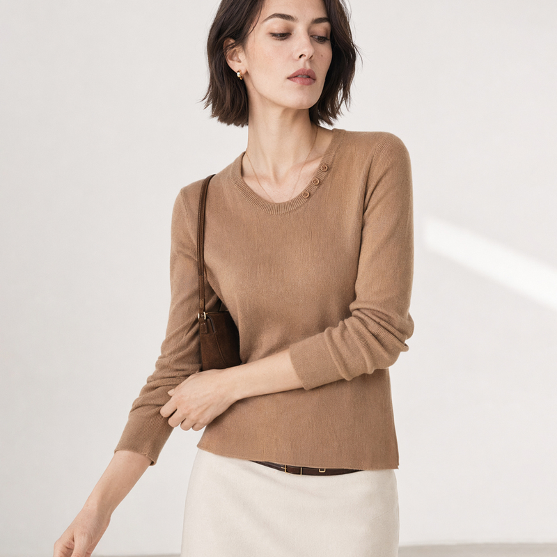 Brown U-Neck Slim-Fit Knit Sweater for Women, Wool and Silk Inner Layer, Slimming Top, Early Autumn 2026 New Model Brown U-Neck Slim-Fit Knit Sweater for Women, Wool and Silk Inner Layer, Slimming Top, Early Autumn 2026 New Model