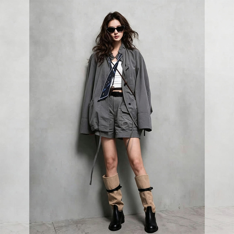Cool and Stylish, Age-Reducing, High-End Outdoor Casual Gray Workwear Jacket and Shorts Set for Women in Autumn Cool and Stylish, Age-Reducing, High-End Outdoor Casual Gray Workwear Jacket and Shorts Set for Women in Autumn