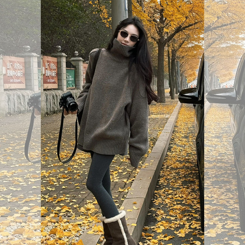 Korean-Style Lazy Vibe Outfit: Brown Turtleneck Sweater for Women, Loose Casual Pullover Knit Top for Autumn and Winter