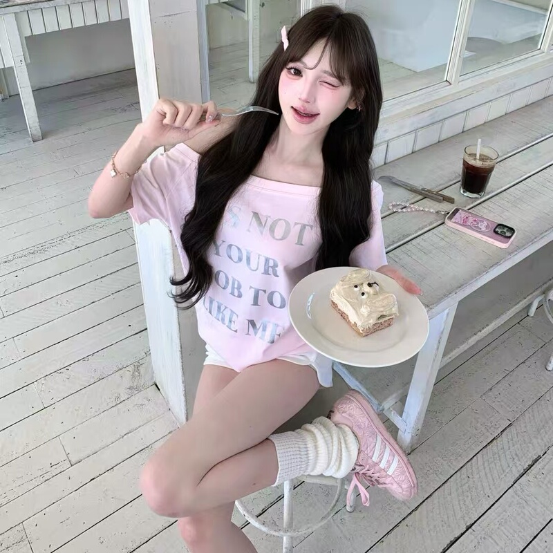 Circle Cooky Vtg Girl Group Korean Style Off-Shoulder Letter Print Short-Sleeve T-Shirt, Age-Reducing, Versatile, Slimming, Casual Top