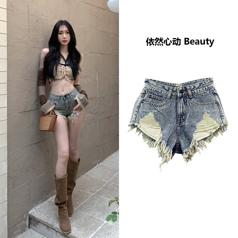 Vintage Ripped Washed Denim Shorts for Women, Summer Low-Waist Slimming Fringed Raw Edge Hot Girl Sexy Thin Style ins Hot Pants