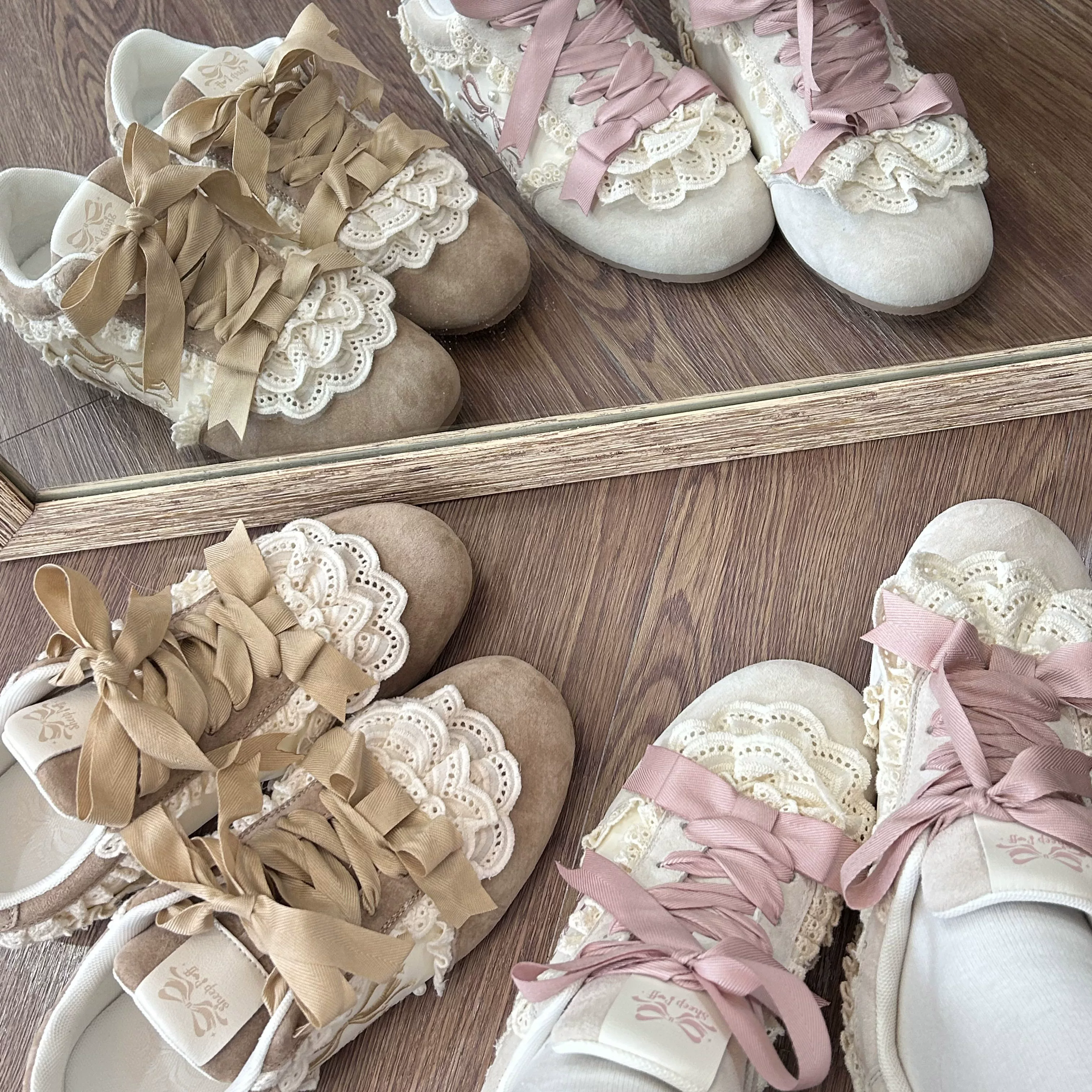 【Spot】Трековые кроссовки Lace Cake Lo Run Sheep Sports Original Genuine Leather Girls' De Training Shoes Ballet Style Shoes