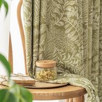 High-end) Green leaves country American retro cotton and linen blackout curtains natural colors pastoral style floor-to-ceiling windows