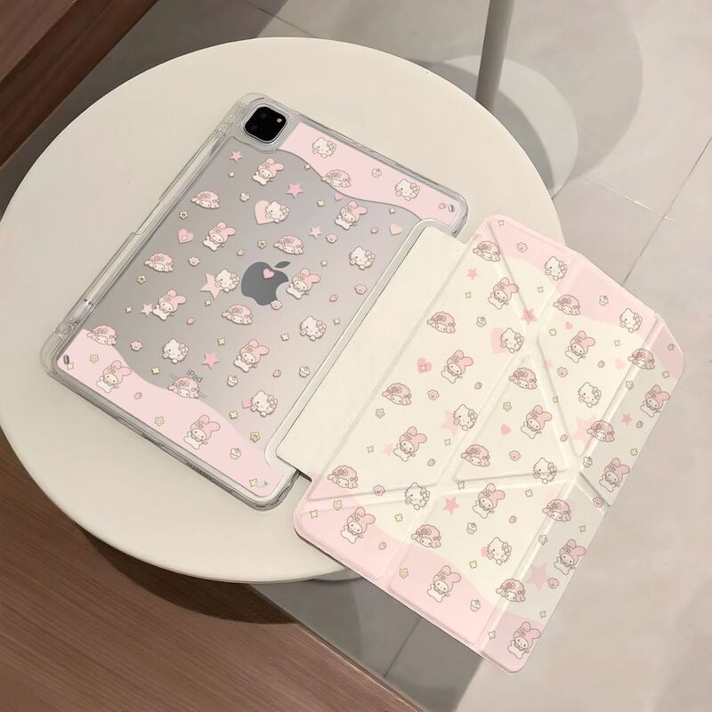 Pink Kt Cat Y Foldable 11Th Generation Protective Case iPad A16 Protective Cover Transparent Air2025 Thin and Light 9Th Generation 10.2 Anti-Fall