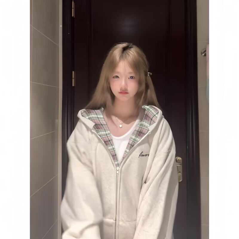 Spring and Autumn New Style Patchwork Plaid Hooded Sweatshirt for Girls, Cardigan Thin Jacket for Middle and High School Students