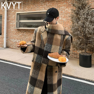 潮牌男士高端毛呢大衣2025年秋冬季新款高级感美拉德格子风衣男款