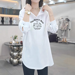 2024 New Long-Sleeved T-Shirt for Women, Loose and Stylish Base Layer Shirt for Early Spring and Autumn, Mid-Length Hooded Sweatshirt